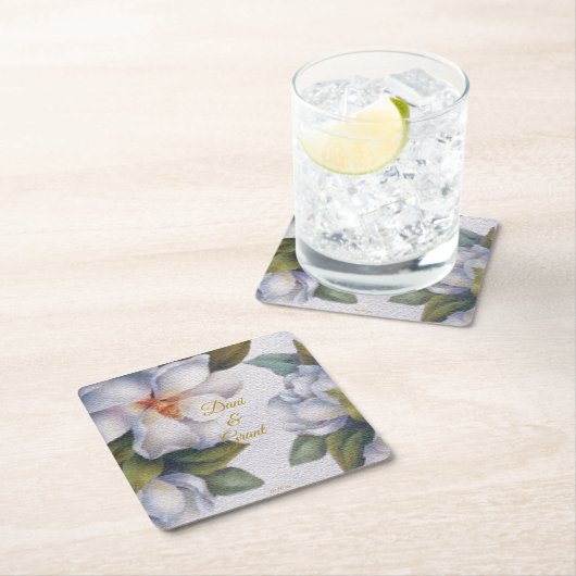 Waterverf Magnolia Gold Script Custom Wedding Kartonnen Onderzetters (Insitu)