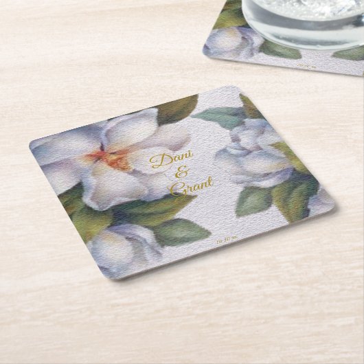 Waterverf Magnolia Gold Script Custom Wedding Kartonnen Onderzetters (Schuin)
