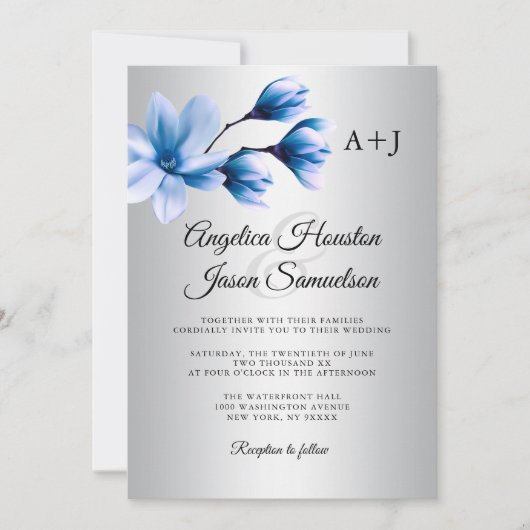 Waterverf Magnolia Navy Blauw Zilver Grijs Bruilof Kaart (Voorkant)