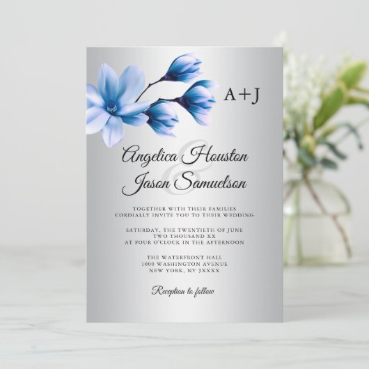 Waterverf Magnolia Navy Blauw Zilver Grijs Bruilof Kaart (Staand voorkant)