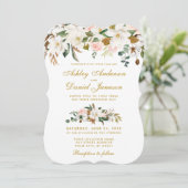 Waterverf Magnolia Roos Floral Gold Wedding Kaart (Staand voorkant)
