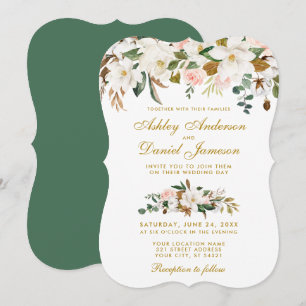 Waterverf Magnolia Roos Floral Gold Wedding Kaart