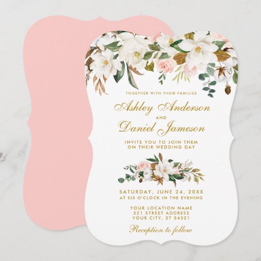 Waterverf Magnolia Roos Floral Weddenschap Pink Go Kaart (Voorkant / Achterkant)