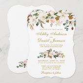 Waterverf Magnolia Roos Floral Wedding Gold Kaart (Voorkant / Achterkant)