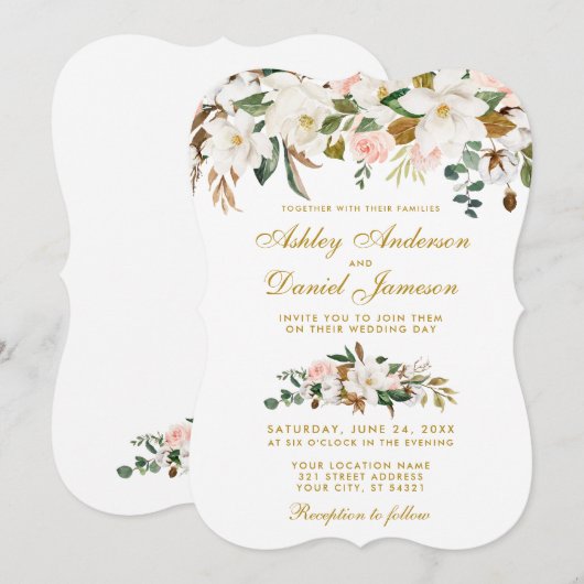 Waterverf Magnolia Roos Floral Wedding Gold Kaart (Voorkant / Achterkant)