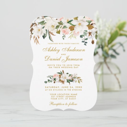 Waterverf Magnolia Roos Floral Wedding Gold Kaart (Staand voorkant)