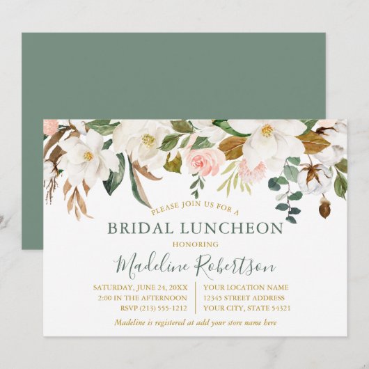 Waterverf Magnolia Rozen Bruids Lunch Sage Groen Kaart (Voorkant / Achterkant)