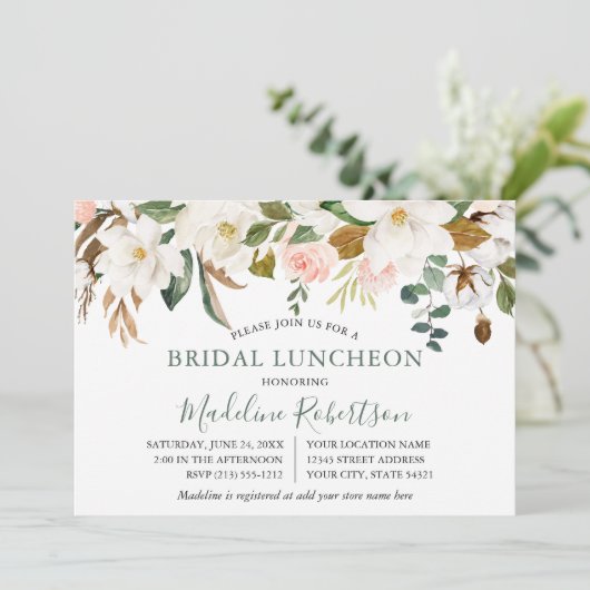 Waterverf Magnolia Rozen Sage Green Bridal Lunch Kaart (Staand voorkant)