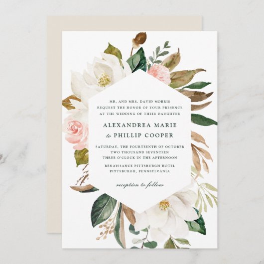Waterverf Magnolia Wedding Invitation Kaart (Voorkant / Achterkant)