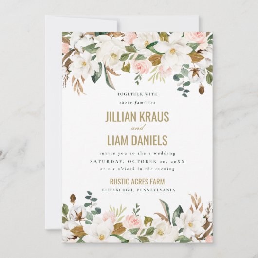 Waterverf Magnolia Wedding Invitation Monogram Kaart (Voorkant)