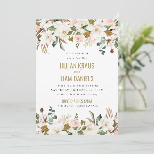 Waterverf Magnolia Wedding Invitation Monogram Kaart (Staand voorkant)