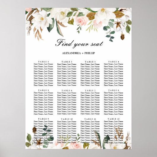 Waterverf Magnolia Wedding Seating Chart Poster (Voorkant)
