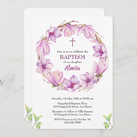 Waterverf Magnolia Wreath Baptism Invitation Kaart (Voorkant / Achterkant)