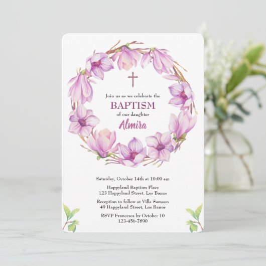 Waterverf Magnolia Wreath Baptism Invitation Kaart (Staand voorkant)