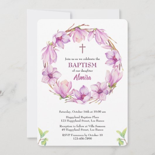 Waterverf Magnolia Wreath Baptism Invitation Kaart (Voorkant)