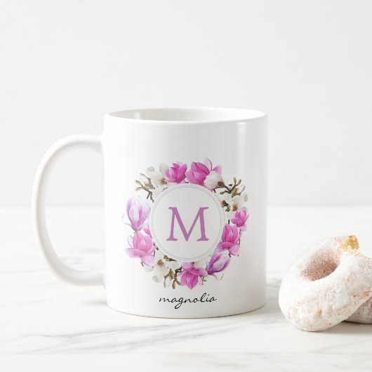 Waterverf Magnolia Wreath Monogram Koffiemok (Met donut)