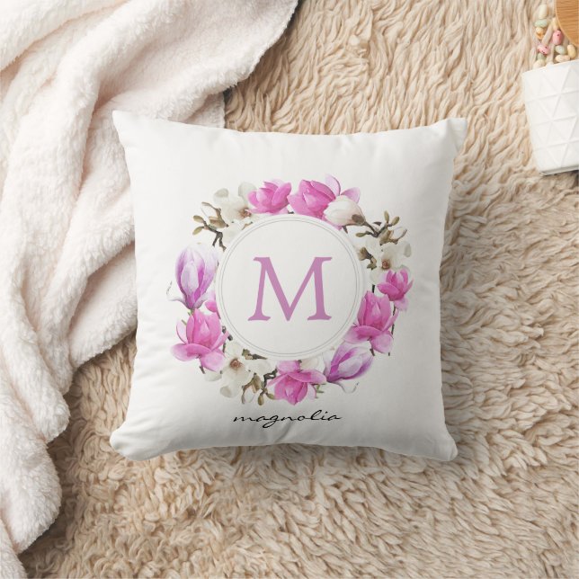 Waterverf Magnolia Wreath Monogram Kussen (Deken)
