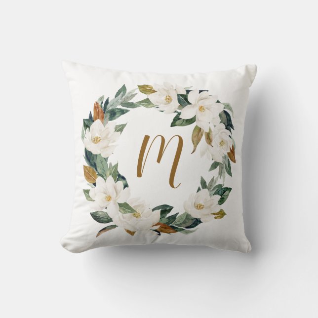 Waterverf Magnolia Wreath Monogram Kussen (Voorkant)