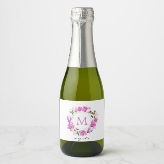 Waterverf Magnolia Wreath Monogram Sparkling Wijnetiket (Voorkant)