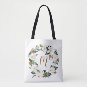 Waterverf Magnolia Wreath Monogram Tote Bag