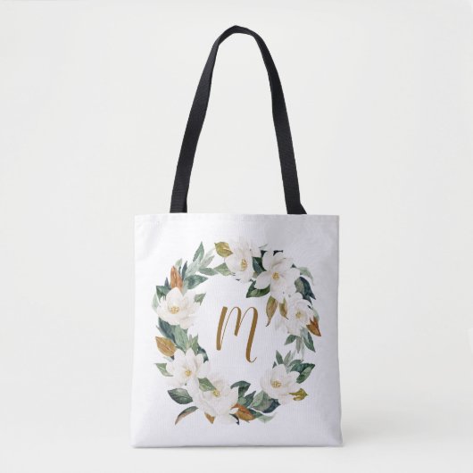 Waterverf Magnolia Wreath Monogram Tote Bag (Voorkant)