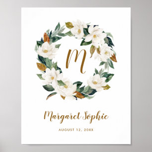 Waterverf Magnolia Wreath Nursery Baby Monogram Poster