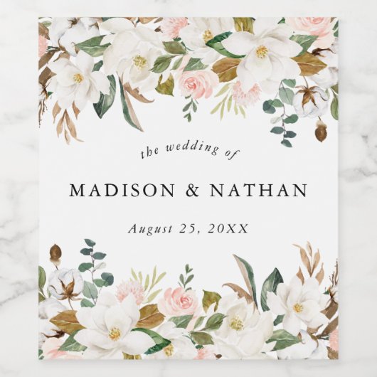 Waterverf Magnolias | Aangepaste bruiloft Wijn Etiket (Enkel label)