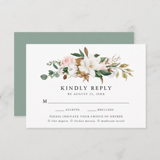 Waterverf Magnolias Bruiloft RSVP Kaart Maaltijd K (Voorkant / Achterkant)