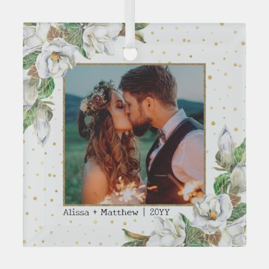 Waterverf Magnolias Couple's Wedding Dated Glas Ornament (Voorkant)