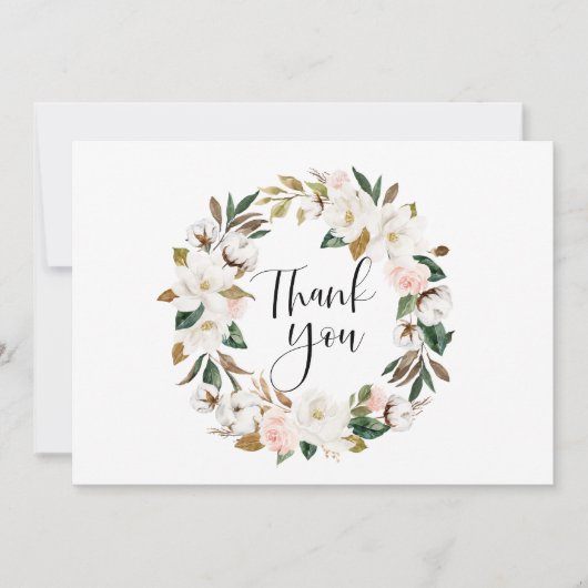 Waterverf Magnolias en Cotton Wreath Wedding Bedankkaart (Voorkant)