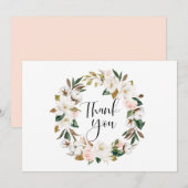 Waterverf Magnolias en Cotton Wreath Wedding Bedankkaart (Voorkant / Achterkant)