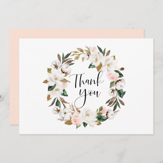 Waterverf Magnolias en Cotton Wreath Wedding Bedankkaart (Voorkant / Achterkant)