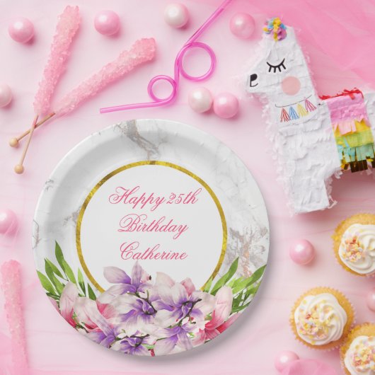 Waterverf Magnolias, Faux Marble Birthday Papieren Bordje (Feest)