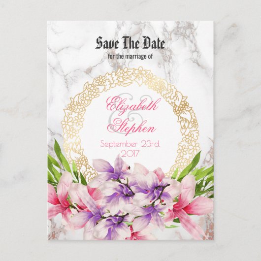 Waterverf Magnolia's, Faux Marble Save the Date Aankondigingskaart (Voorkant)