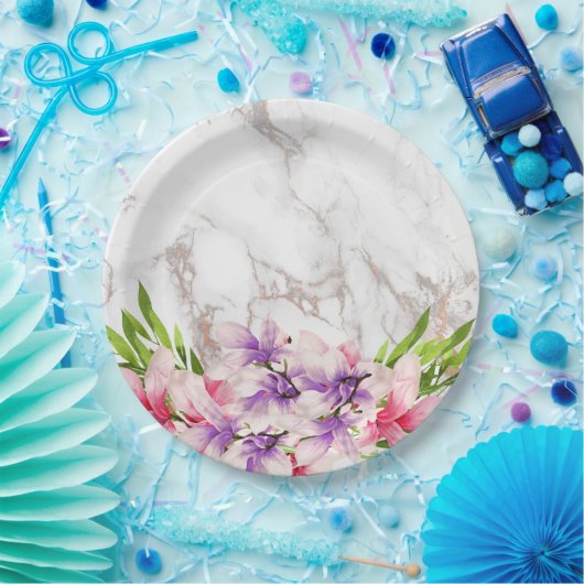 Waterverf Magnolias, Faux Marble Texture Papieren Bordje (Feest)