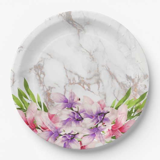 Waterverf Magnolias, Faux Marble Texture Papieren Bordje (Voorkant)