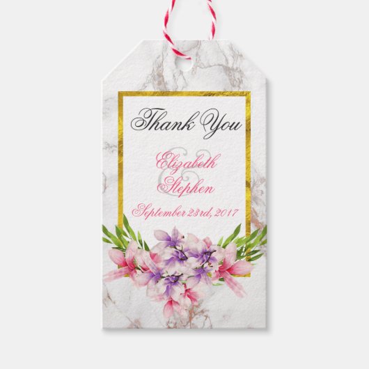 Waterverf Magnolias, Faux Marble Texture Wedding Cadeaulabel (Voorkant)