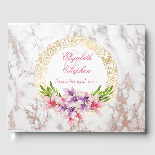 Waterverf Magnolias, Faux Marble Texture Wedding Gastenboek (Voorkant)