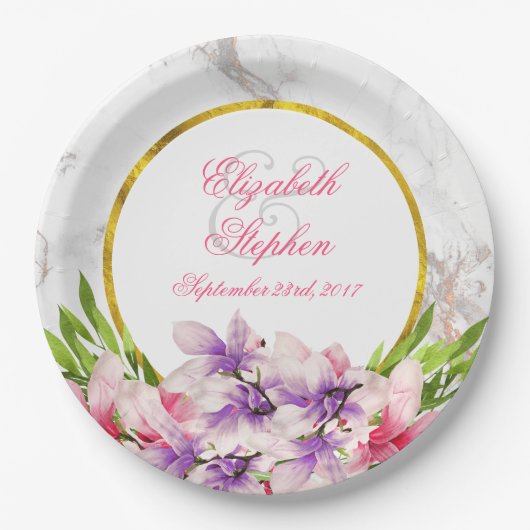 Waterverf Magnolias, Faux Marble Texture Wedding Papieren Bordje (Voorkant)