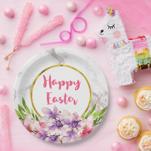Waterverf Magnolia's, Faux marmeren textuur Pasen Papieren Bordje (Feest)