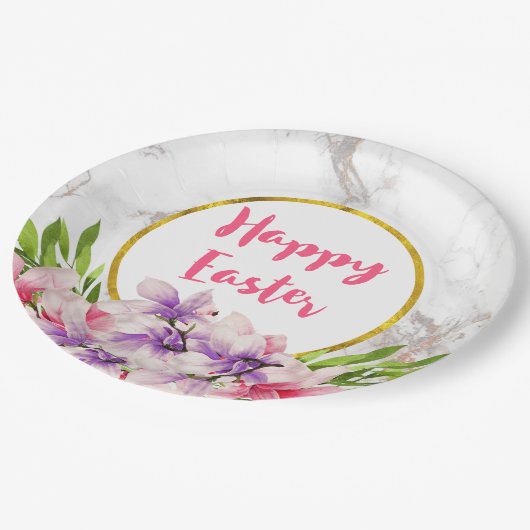 Waterverf Magnolia's, Faux marmeren textuur Pasen Papieren Bordje (Gekanteld)