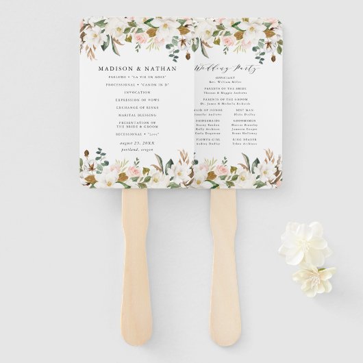 Waterverf Magnolias gepersonaliseerd bruiloft prog Handwaaier (Voorkant en achterkant)