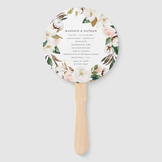 Waterverf Magnolias gepersonaliseerd bruiloft prog Handwaaier (Voorkant)