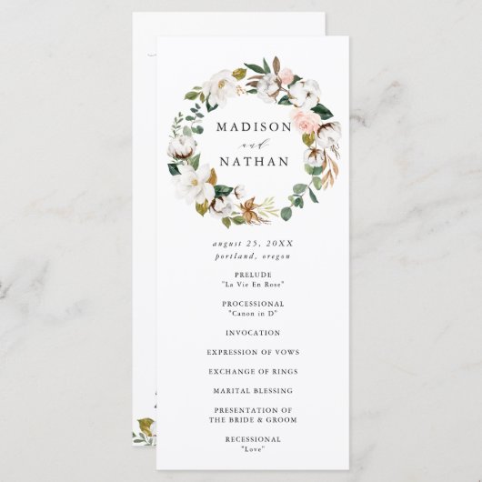 Waterverf Magnolias | Huwelijksceremonie Programmakaart (Voorkant / Achterkant)