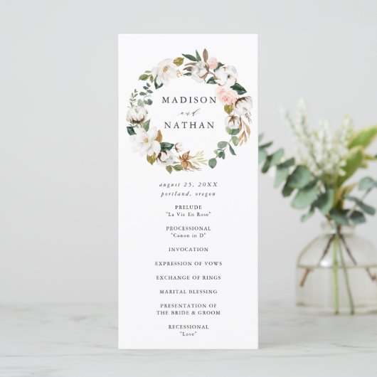 Waterverf Magnolias | Huwelijksceremonie Programmakaart (Staand voorkant)