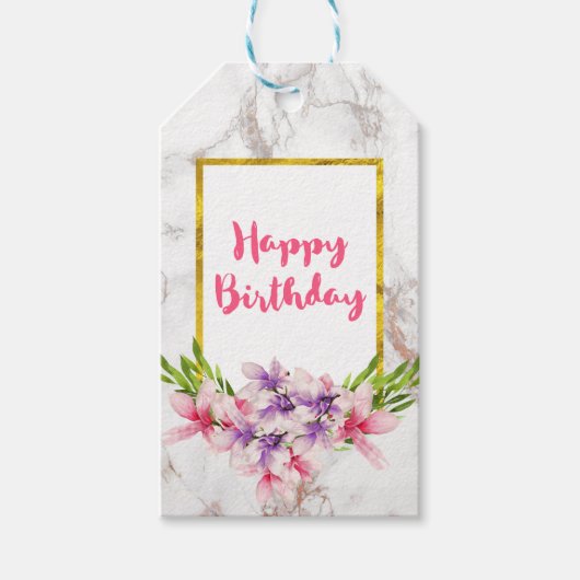 Waterverf Magnolias op Faux Marble Birthday Cadeaulabel (Voorkant)