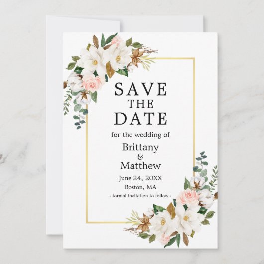 Waterverf Magnolias Pink Roses Gold Lijst Save The Date (Voorkant)