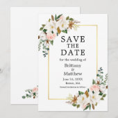 Waterverf Magnolias Pink Roses Gold Lijst Save The Date (Voorkant / Achterkant)