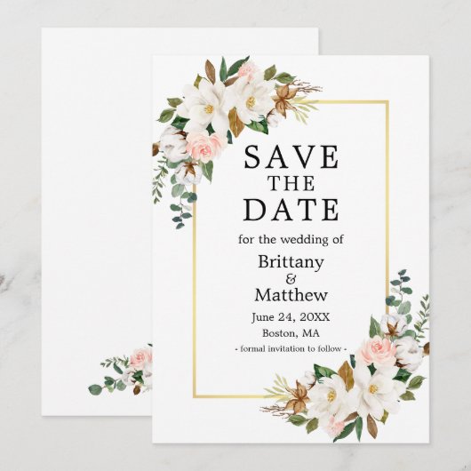 Waterverf Magnolias Pink Roses Gold Lijst Save The Date (Voorkant / Achterkant)