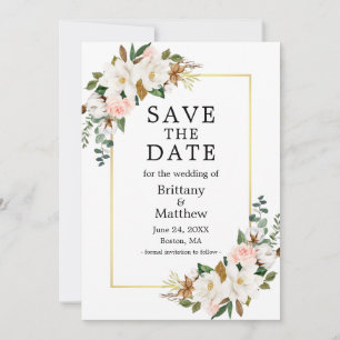 Waterverf Magnolias Pink Roses Gold Lijst Save The Date